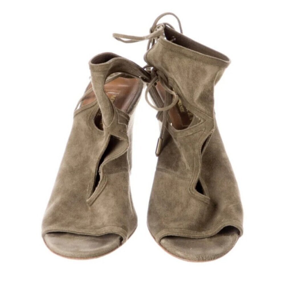 Aquazzura 85mm Sexy Thing Suede Wedge Sandals Olive Truffle Size 37.5 - Picture 3 of 10
